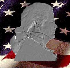 Embossed Picture of Bidlack as Hamilton before the American flag